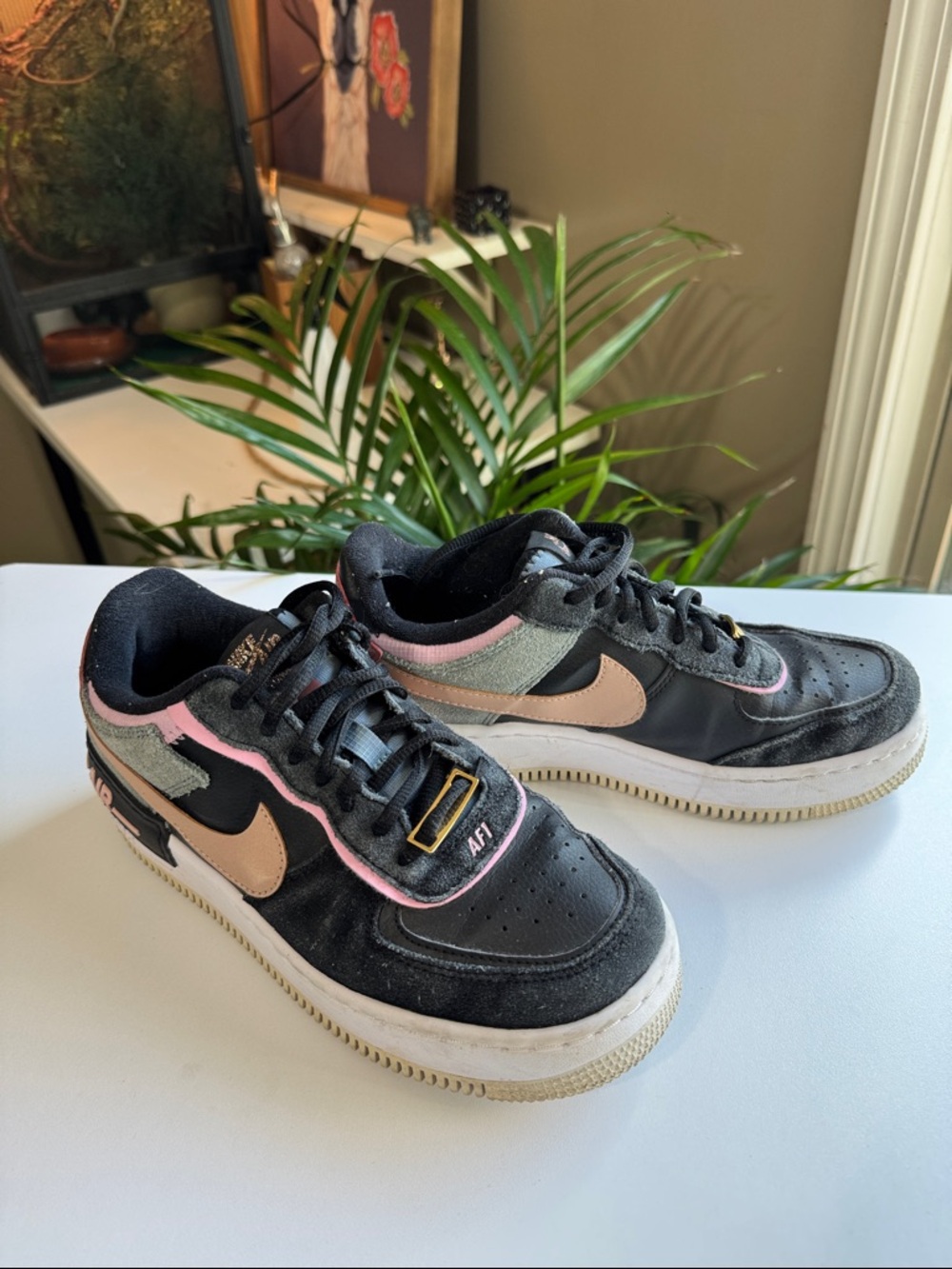 Nike Air Force 1 Black Suede Sneakers with Pink Swoosh and Tan Accents Size 7.5